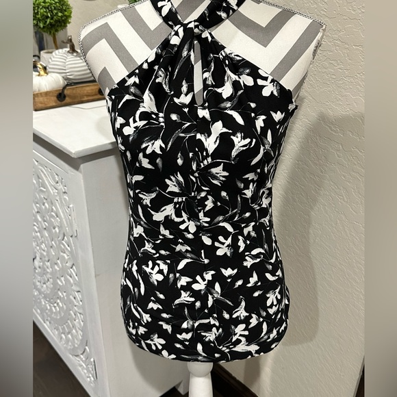 White House Black Market Tops - NWOT WHBM black and white Floral Twisted Halter Top size XS
